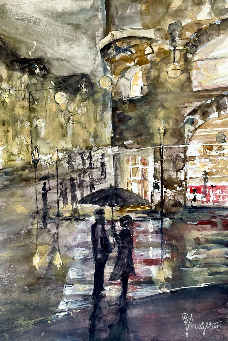 Moderne Kunst einer Fußgängerszene in Aquarell